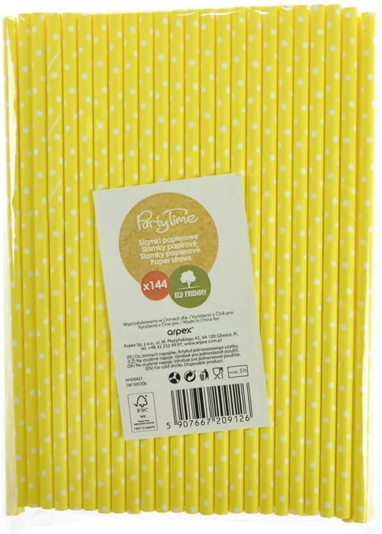 Słomki papierowe żółte w białe kropki - tantis.pl