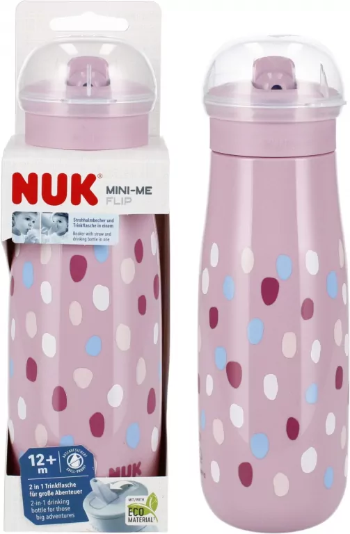 NUK. Mini-Me. Kubek ze słomką 450ml. 12 miesięcy. Różowy w kropki - tantis.pl