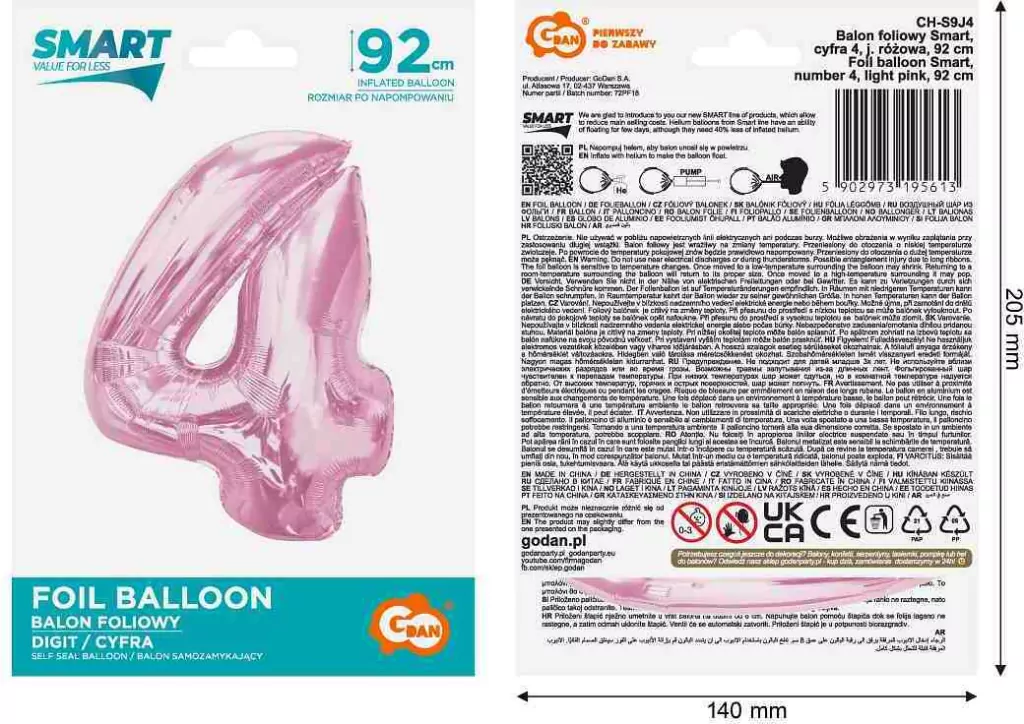 Balon foliowy cyfra 4 jasnoróżowa Smart 92cm - tantis.pl