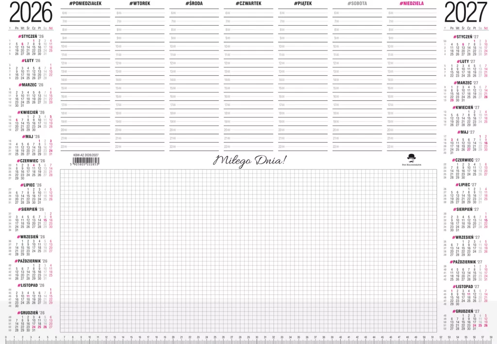 Kalendarz 2026/2027 biuwar z przezroczystą listwą - tantis.pl