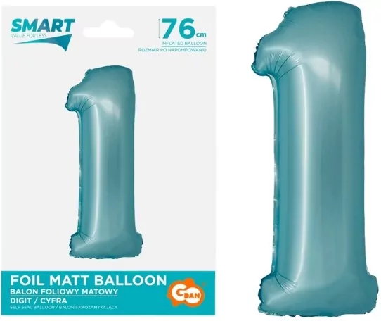 Balon foliowy Smart cyfra 1 niebieski matowy 76cm - tantis.pl