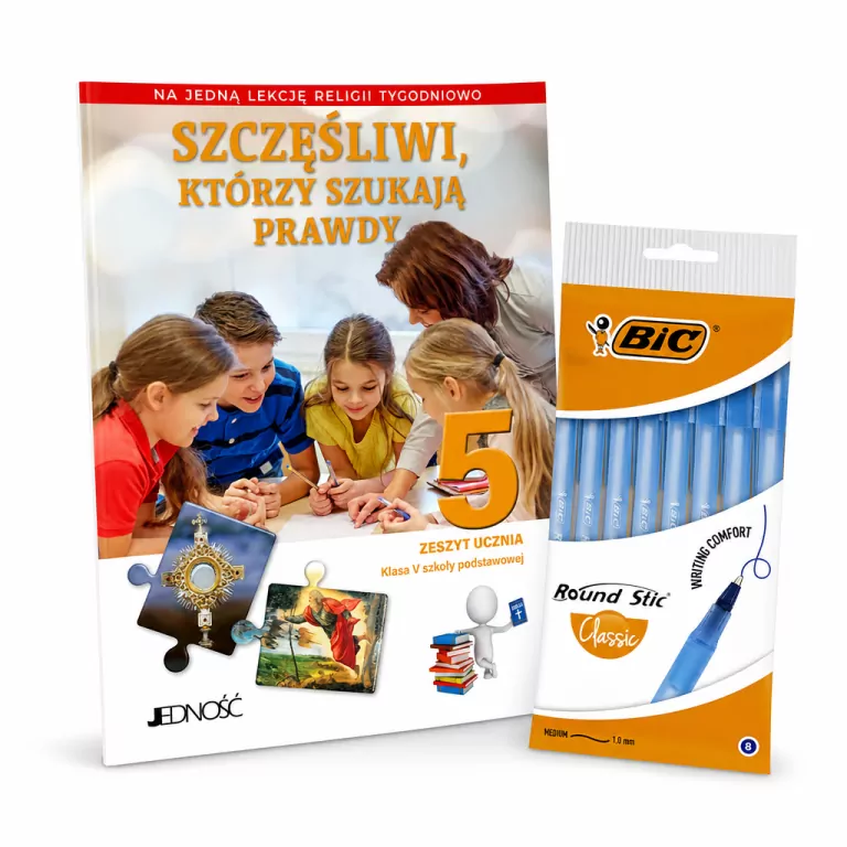 Pakiet: Szczęśliwi, którzy szukają prawdy. Zeszyt ucznia dla 5 klasy szkoły podstawowej / Długopis Round Stic Classic niebieski. 8 sztuk - tantis.pl