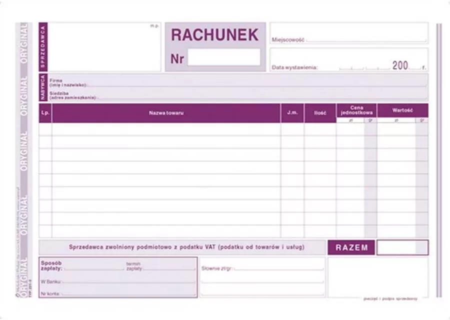 Rachunek dla zwolnionych podmiotowo z VAT. Druk 231-3 - tantis.pl