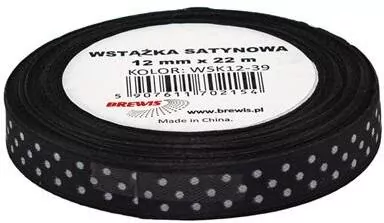 Wstążka satynowa w kropki, czarna 12mmx22m - tantis.pl