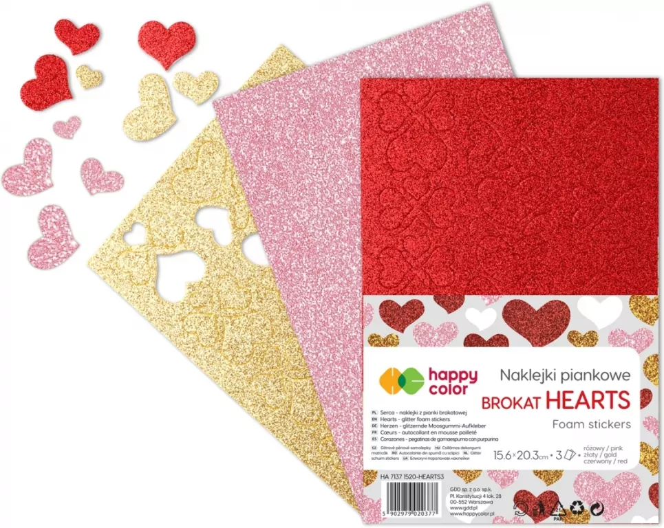 Naklejki Serca brokatowe A5 3szt mix HAPPY COLOR - tantis.pl