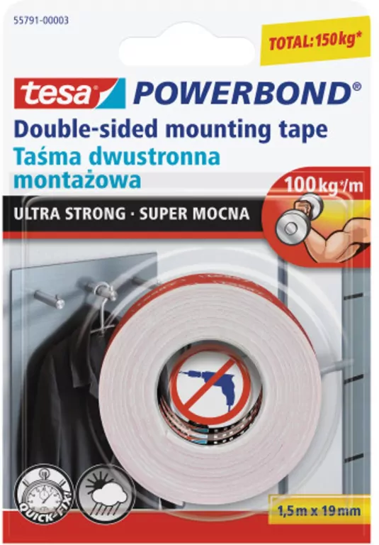Taśma dwustronna PowerBond biała 1,5m x 19m - tantis.pl