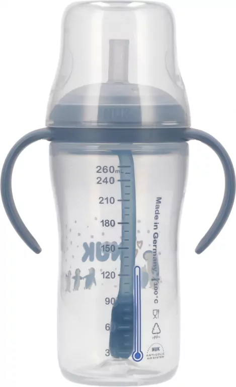 NUK. Butelka do nauki picia ze słomką. 260 ml. Pingwin - tantis.pl