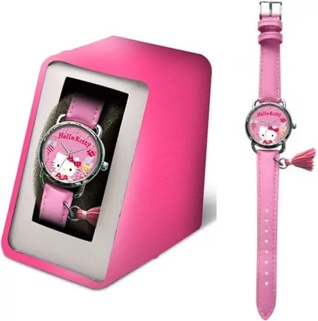 Zegarek analogowy z koralowym paskiem w metalowym opakowaniu Hello Kitty - tantis.pl