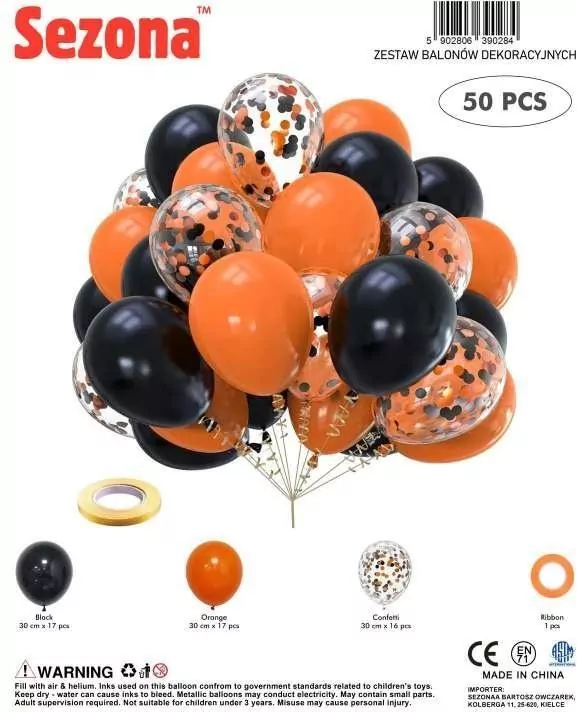 Balony czarne, pomarańczowe, konfetti - tantis.pl
