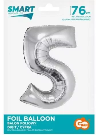 Balon foliowy Smart cyfra 5 srebrny 76cm - tantis.pl