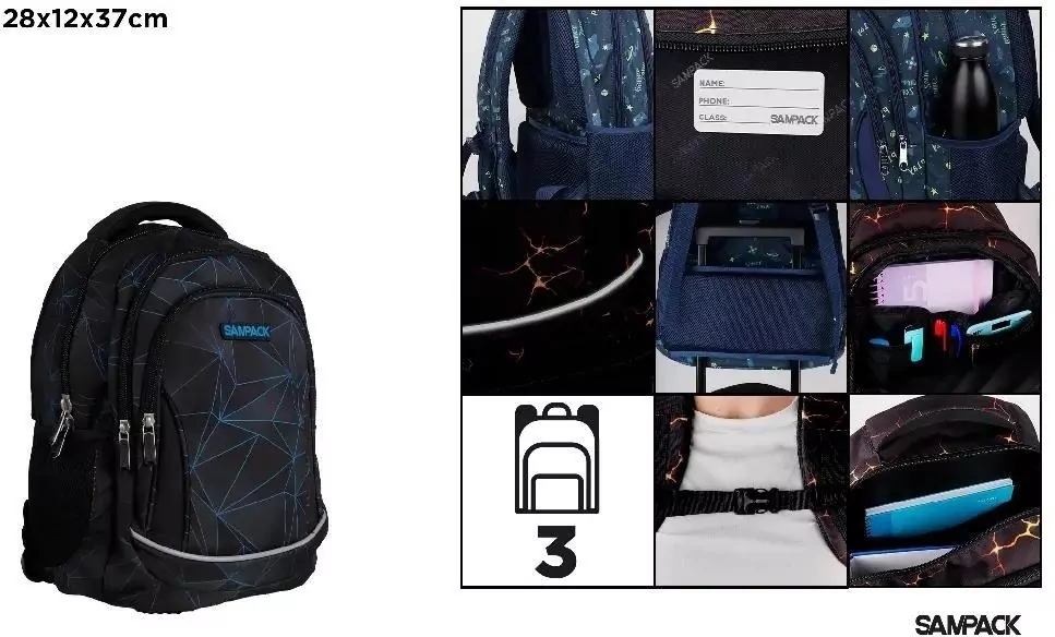 Plecak geometryczny trzykomorowy czarny 28x12x37cm - tantis.pl