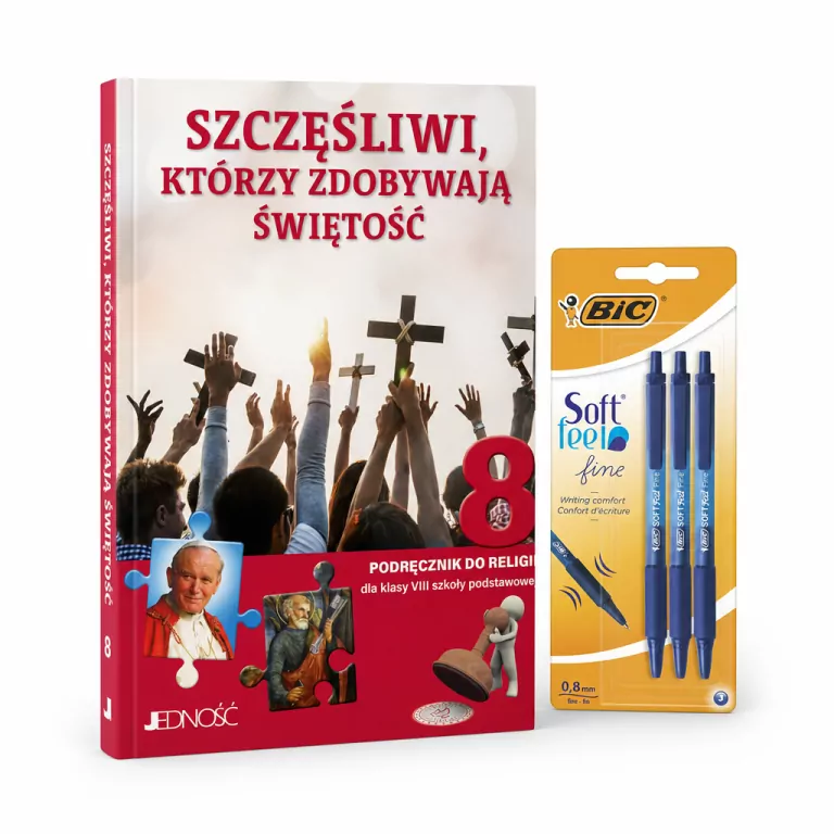 Pakiet: Szczęśliwi, którzy zdobywają świętość. Podręcznik do religii dla klasy 8 szkoły podstawowej / Długopis BIC Soft Feel niebieski. 3 sztuki - tantis.pl