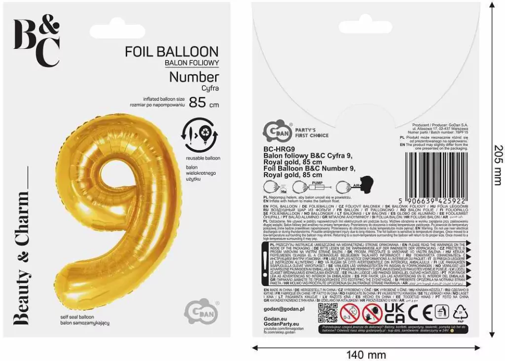 Balon foliowy B&C 9 Royal gold 85cm - tantis.pl