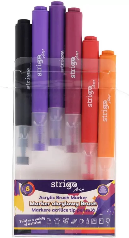 Strigo. Markery akrylowe trójkątne 6 kolorów. Końcówka Brush. Zestaw 7 - tantis.pl