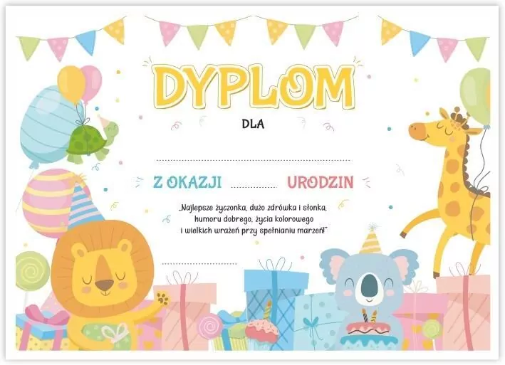 Dyplom A4 urodzinowy - Wesołe zwierzaczki - tantis.pl