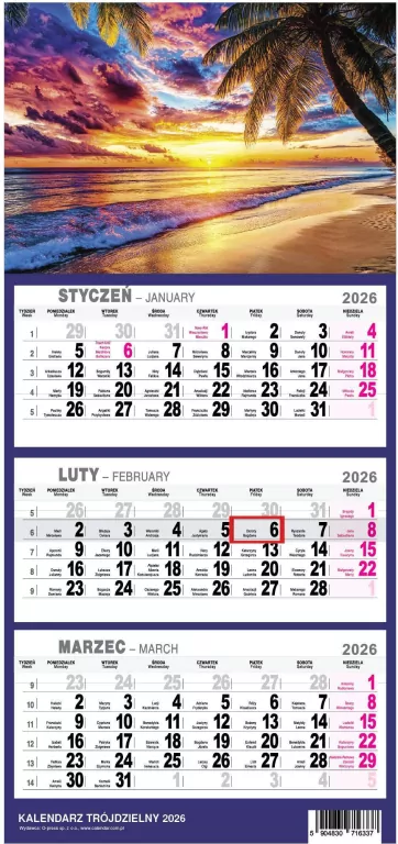 Kalendarz 2026 trójdzielny mały Plaża - tantis.pl
