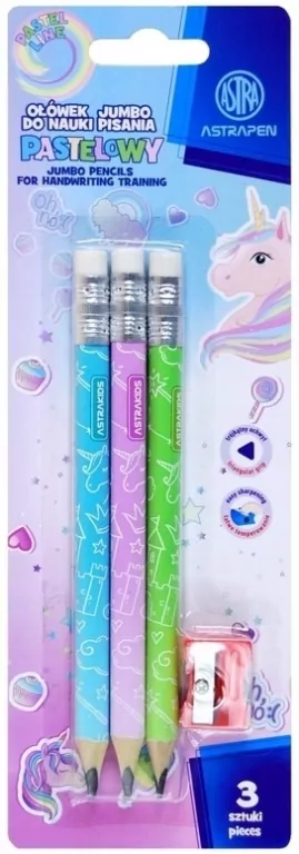 Ołówki grafitowe trójkątne HB Jumbo Astrakids Unicorn 3 szt. z temperówką - tantis.pl