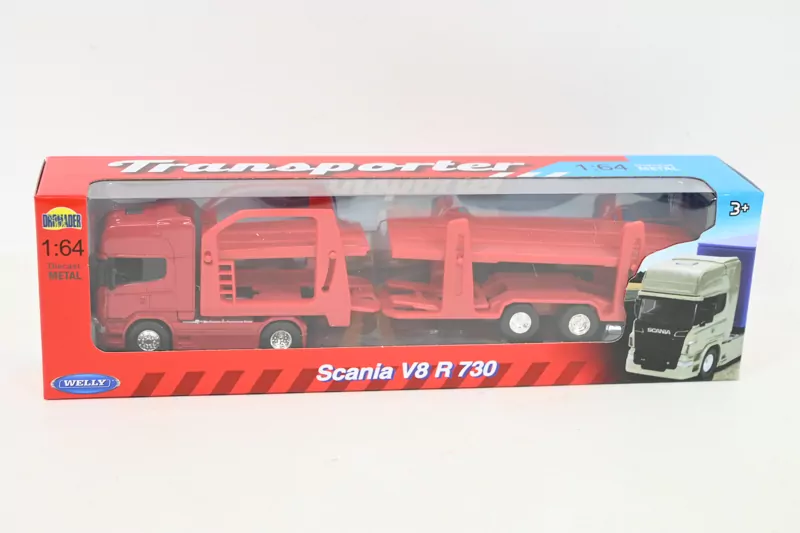 Tir Scania V8 R730 1:64 czerwona laweta WELLY - tantis.pl