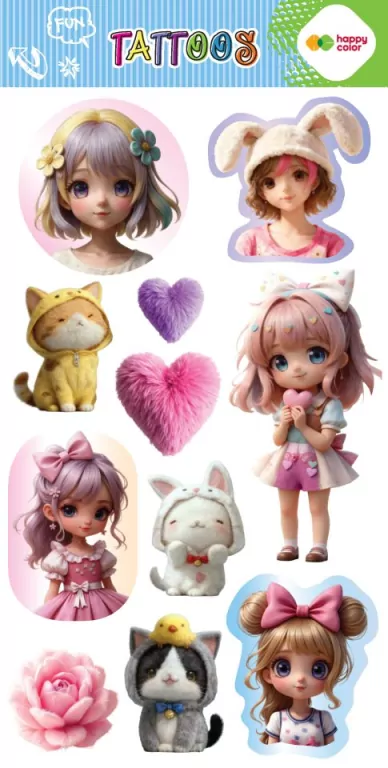 Tatuaże zmywalne Kawaii Girls HAPPY COLOR - tantis.pl