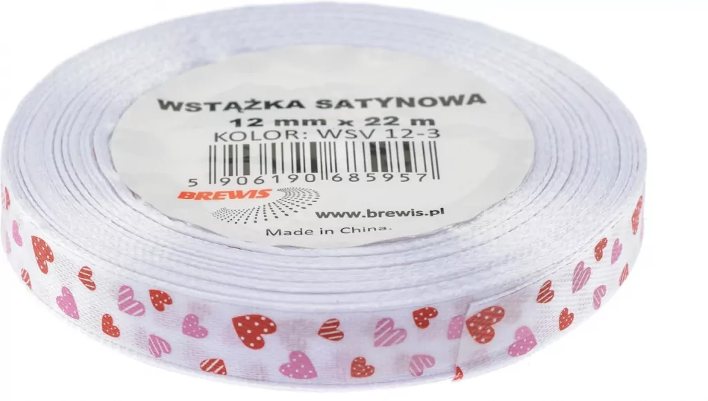 Brewis. Wstążka satynowa. Serca, biała 12mmx22m - tantis.pl