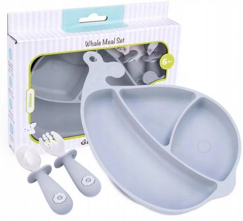Silikonowy Talerz i sztućce. Wieloryb szary - tantis.pl