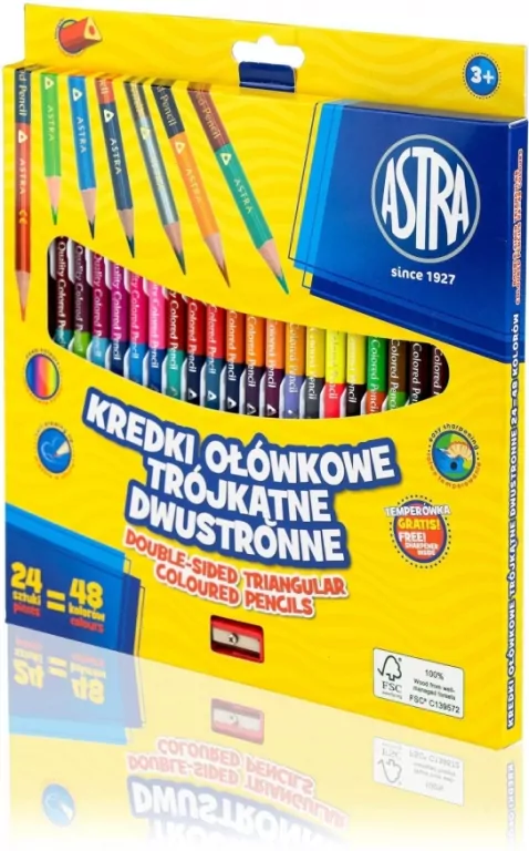 Kredki ołówkowe trójkątne dwustronne. 48 kolorów. Temperówka gratis - tantis.pl