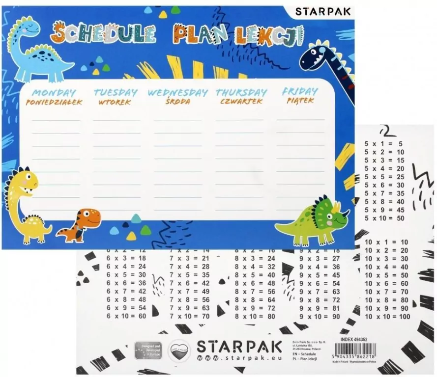 Plan lekcji z tabliczką mnożenia Dino (25szt) - tantis.pl
