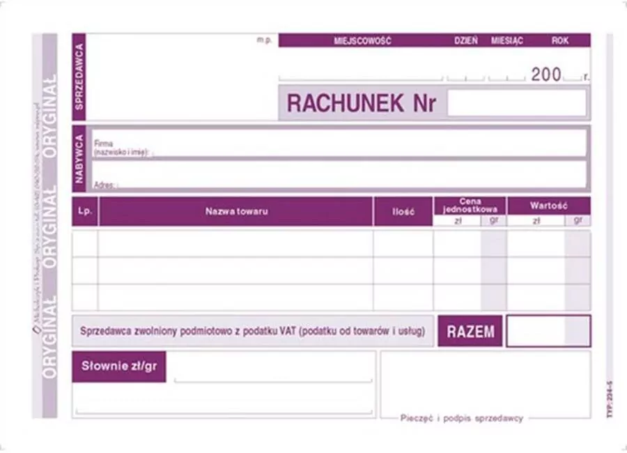 Rachunek dla zwolnionych podmiotowo z VAT 234-5 - tantis.pl