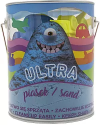 Ultra Piasek puszka 900 g. 4 duże foremki pojazdy, 2 narzędzia, niebieski