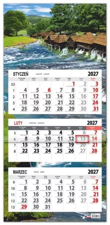 Kalendarz 2027 trójdzielny płaska główka Młyny - tantis.pl