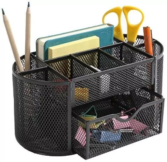 Przybornik na biurko Q-CONNECT Office Set, metalowy, z szufladką, czarny - tantis.pl