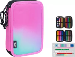 Piórnik 2 poziomowy z wyposażeniem. Sunset różowy