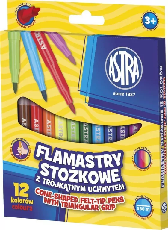 Flamastry stożkowe z trójkątnym uchwytem. 12 kolorów - tantis.pl