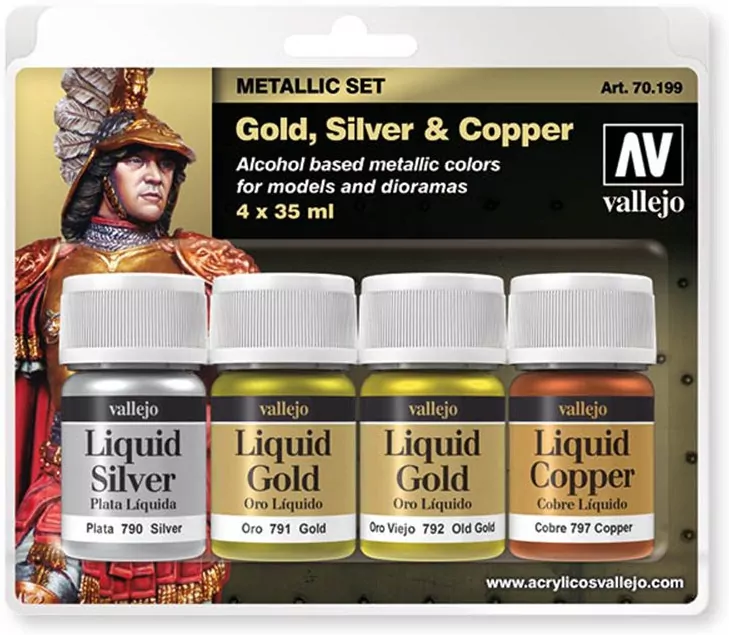 Vallejo: 70.199 - Metallic Set - Liquid Gold, Silver & Copper (4x35 ml) - tantis.pl