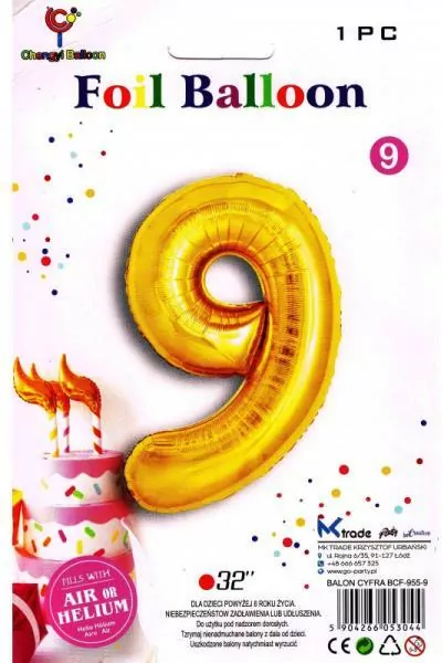 Balon foliowy złoty cyfra 9, wys.81 cm  BCF-955-9 - tantis.pl