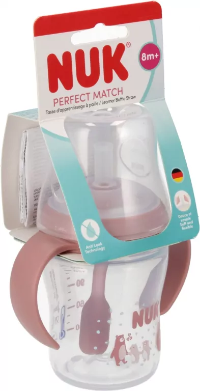 NUK. Butelka do nauki picia ze słomką. 150 ml. Miś - tantis.pl