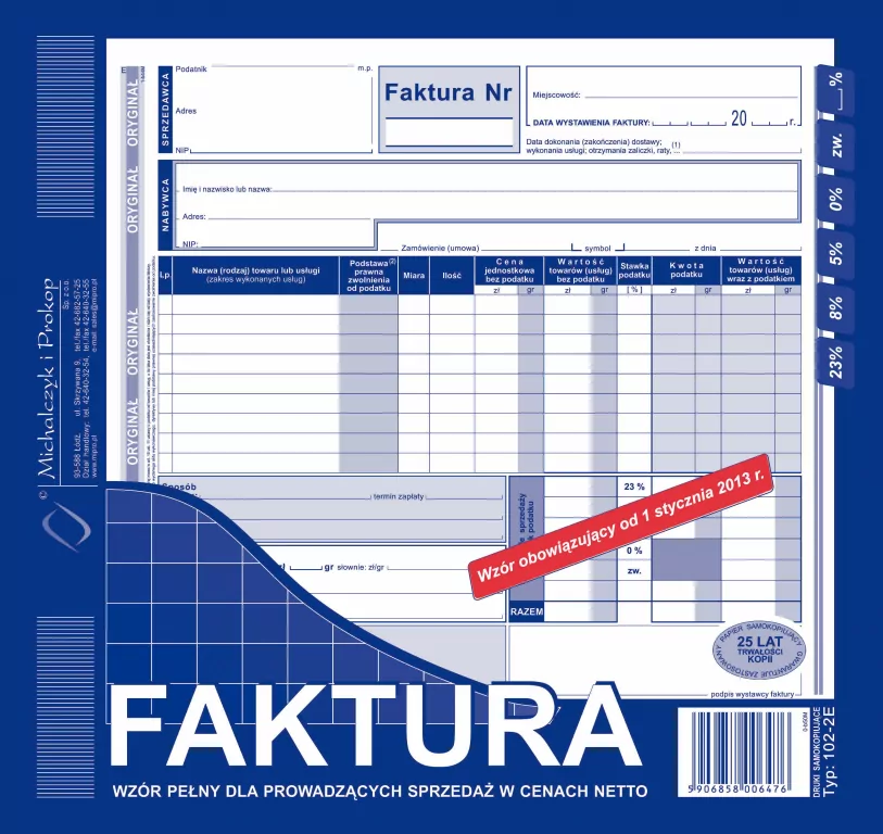Faktura. Wzór pełny dla prowadzących sprzedaż w cenach netto. Typ 102-2E - tantis.pl