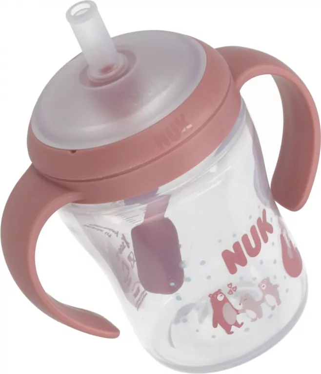 NUK. Butelka do nauki picia ze słomką. 150 ml. Miś - tantis.pl