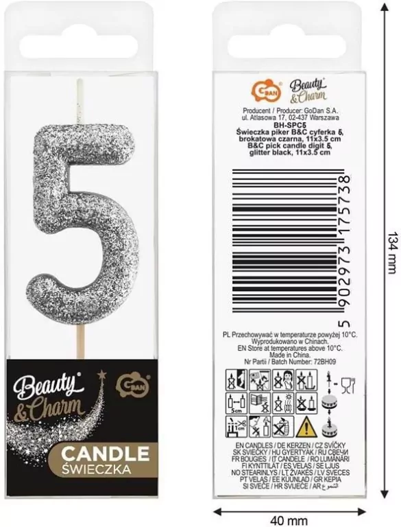 Świeczka piker 5 czarna brokatowa 11x3.5 cm - tantis.pl