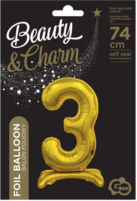 Balon foliowy B&C Cyfra stojąca 3 złota 74cm - tantis.pl