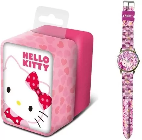 Zegarek analogowy z fioletowym paskiem w metalowym opakowaniu Hello Kitty - tantis.pl