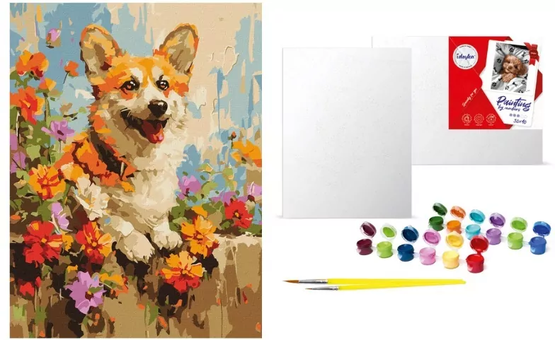 Malowanie po numerach. Corgi w kwiatach 30x40cm - tantis.pl