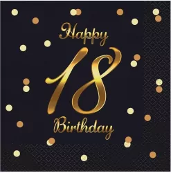 Serwetki Happy 18 Birthday czarne 33x33cm