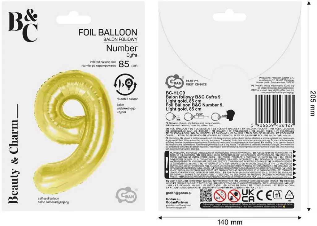 Balon foliowy B&C 9 Light gold 85cm - tantis.pl