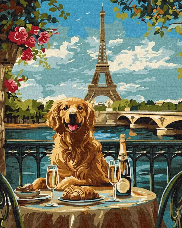 Malowanie po numerach - Retriever w Paryżu 40x50cm - tantis.pl