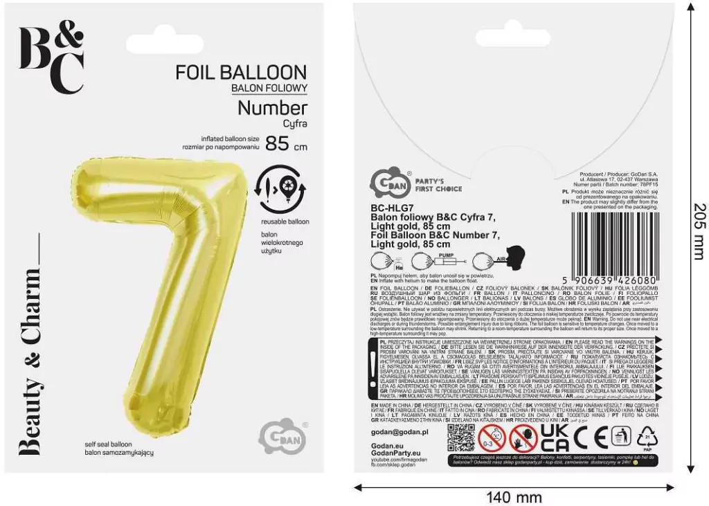 Balon foliowy B&C 7 Light gold 85cm - tantis.pl