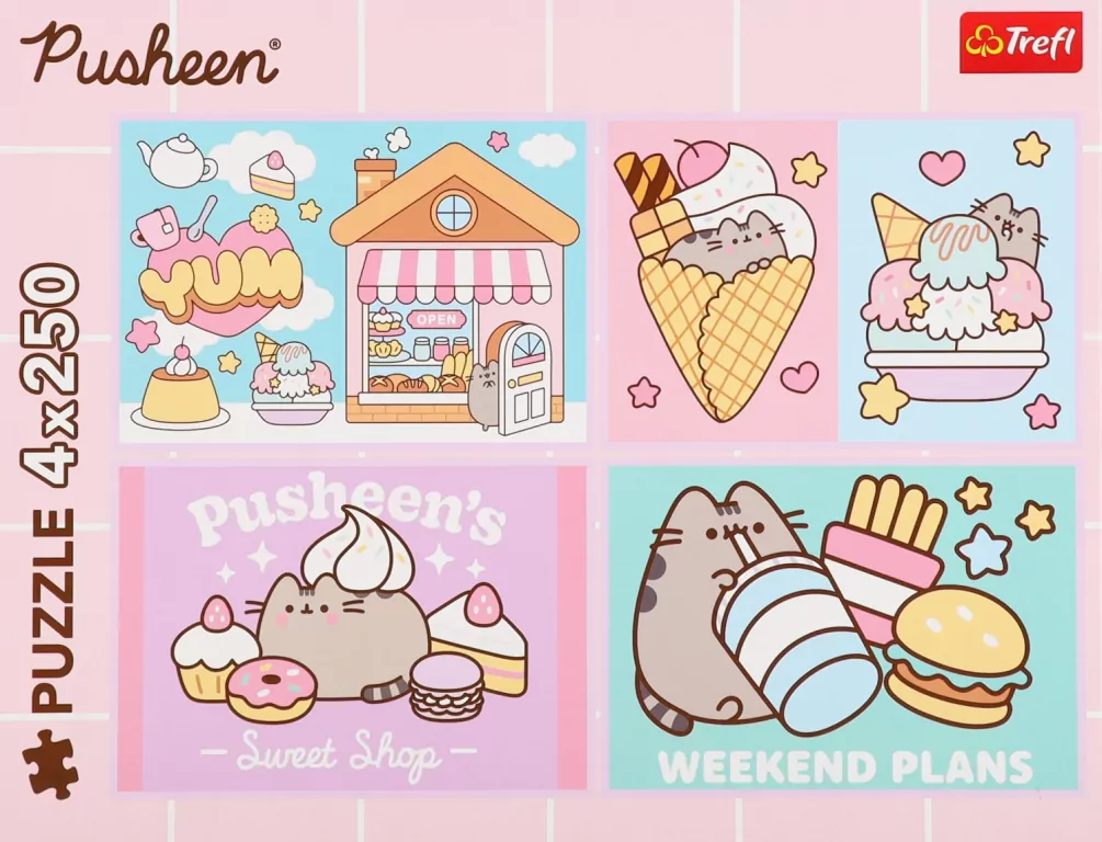 Puzzle Pusheen 4x250 Poznajcie Pusheena TREFL - tantis.pl