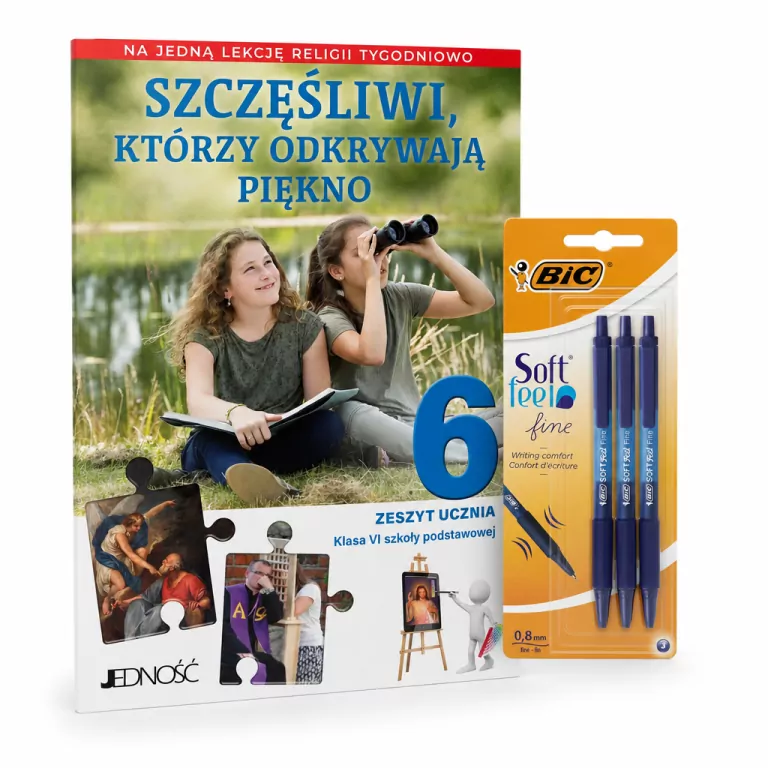 Pakiet: Szczęśliwi, którzy odkrywają piękno. Zeszyt ucznia dla 6 klasy szkoły podstawowej / Długopis BIC Soft Feel niebieski. 3 sztuki - tantis.pl