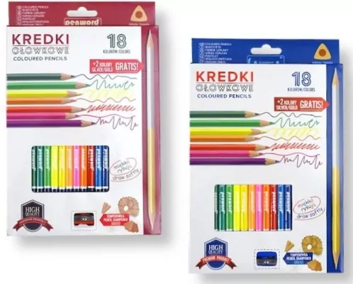 Kredki ołówkowe trójkątne z temperówką, 18 kolorów