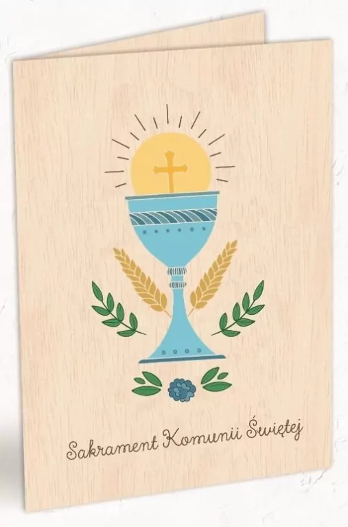 Karnet drewniany C6 + koperta Komunia Kielich niebieski - tantis.pl